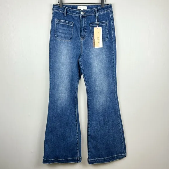 RISEN Jeans Womens 15/32 Blue High Rise Front Patch Pocket Flare Boho NWT