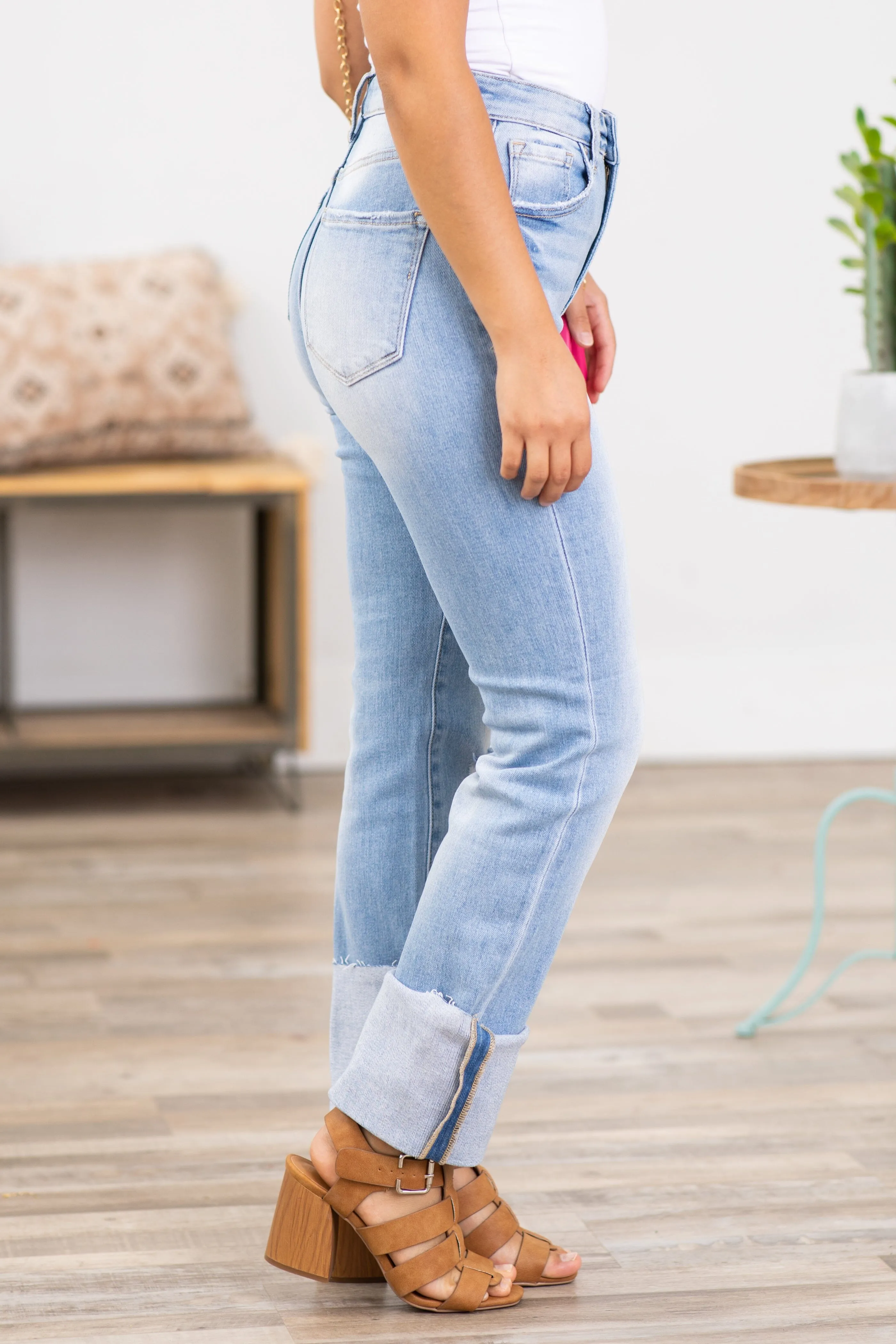 Risen Light Wash Cuffed Straight Leg Jeans