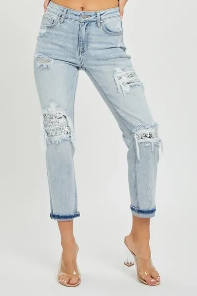 RISEN Mid-Rise Sequin Patched Jeans