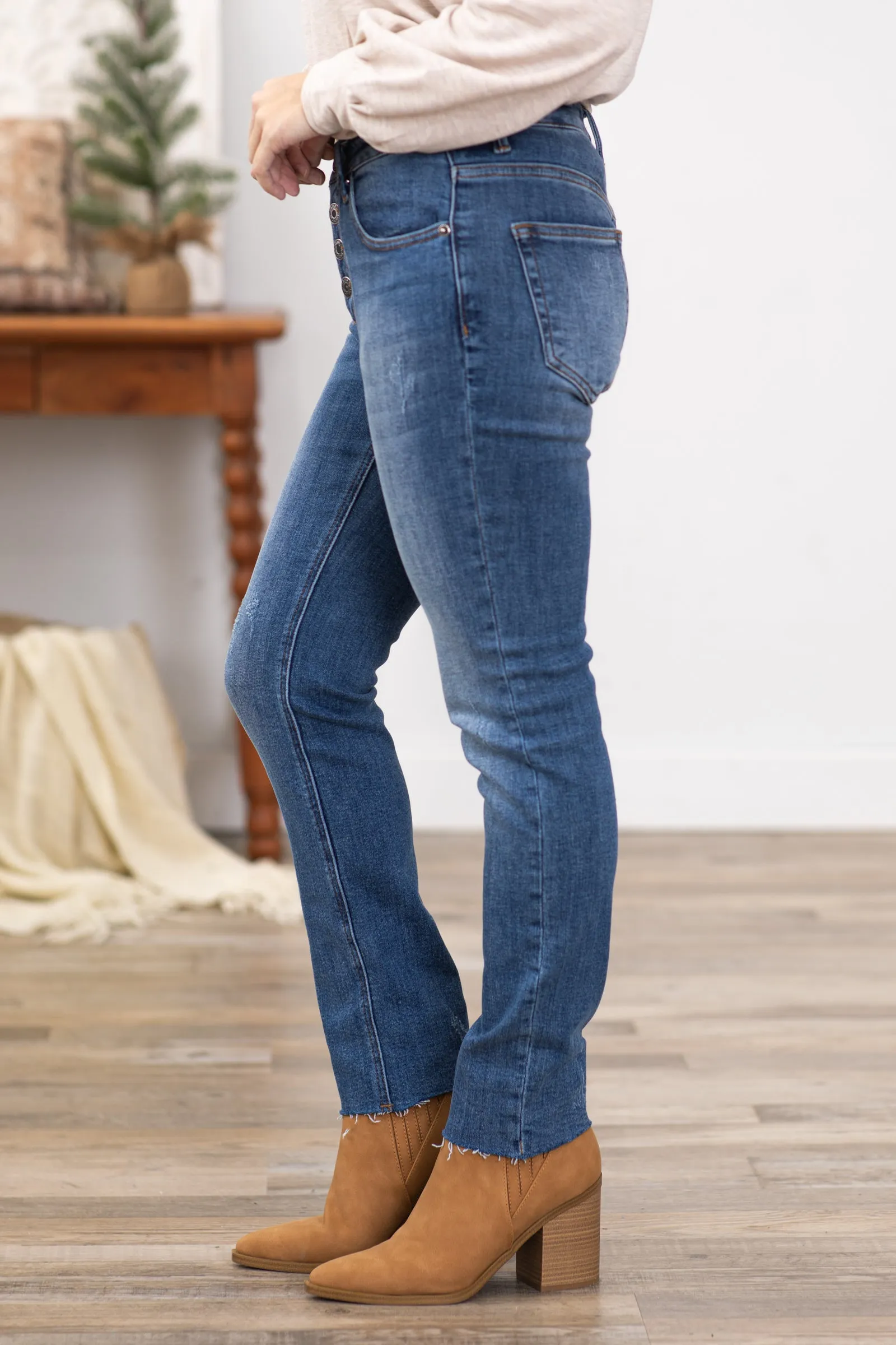 Risen Raw Hem Button Fly Jeans