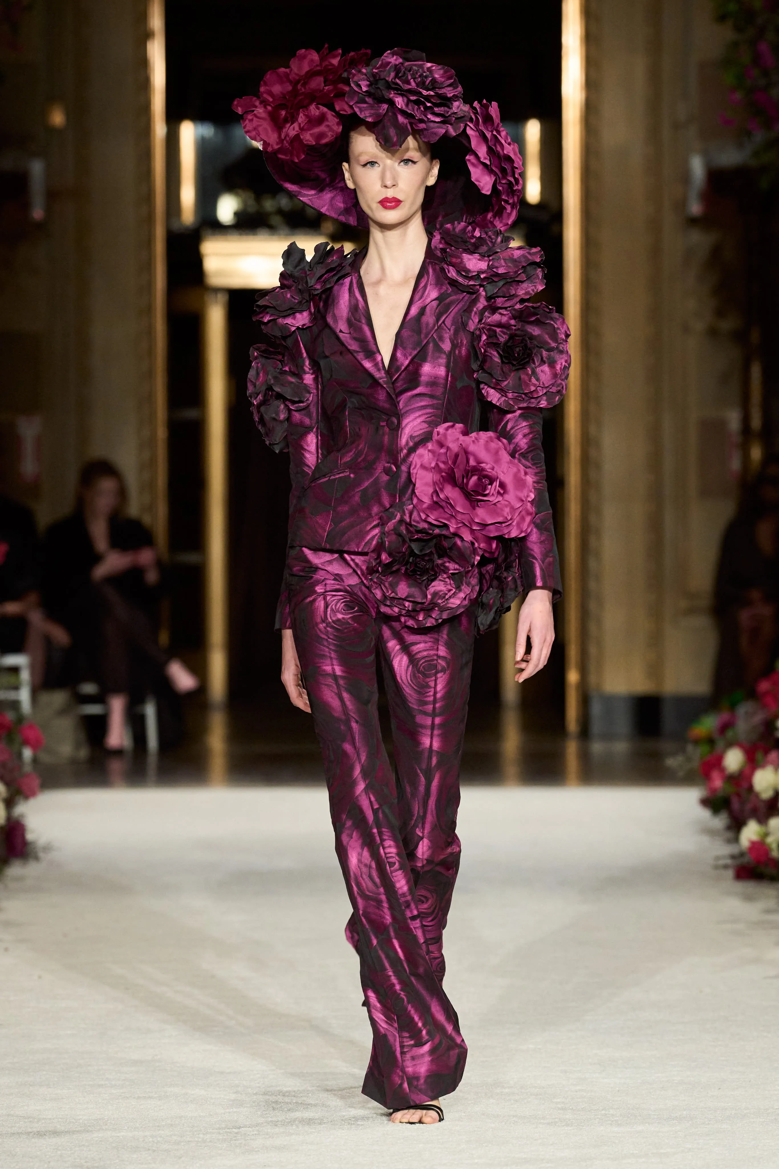 Rose Print Blazer with Oversized Rose Appliqué