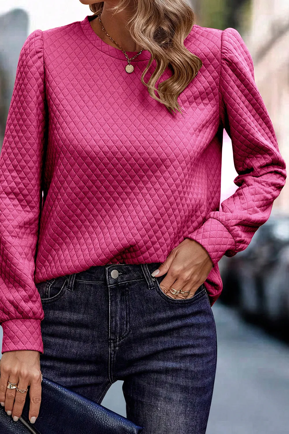 Rose Red Solid Color Quilted Puff Sleeve Pullover Sweatshirt