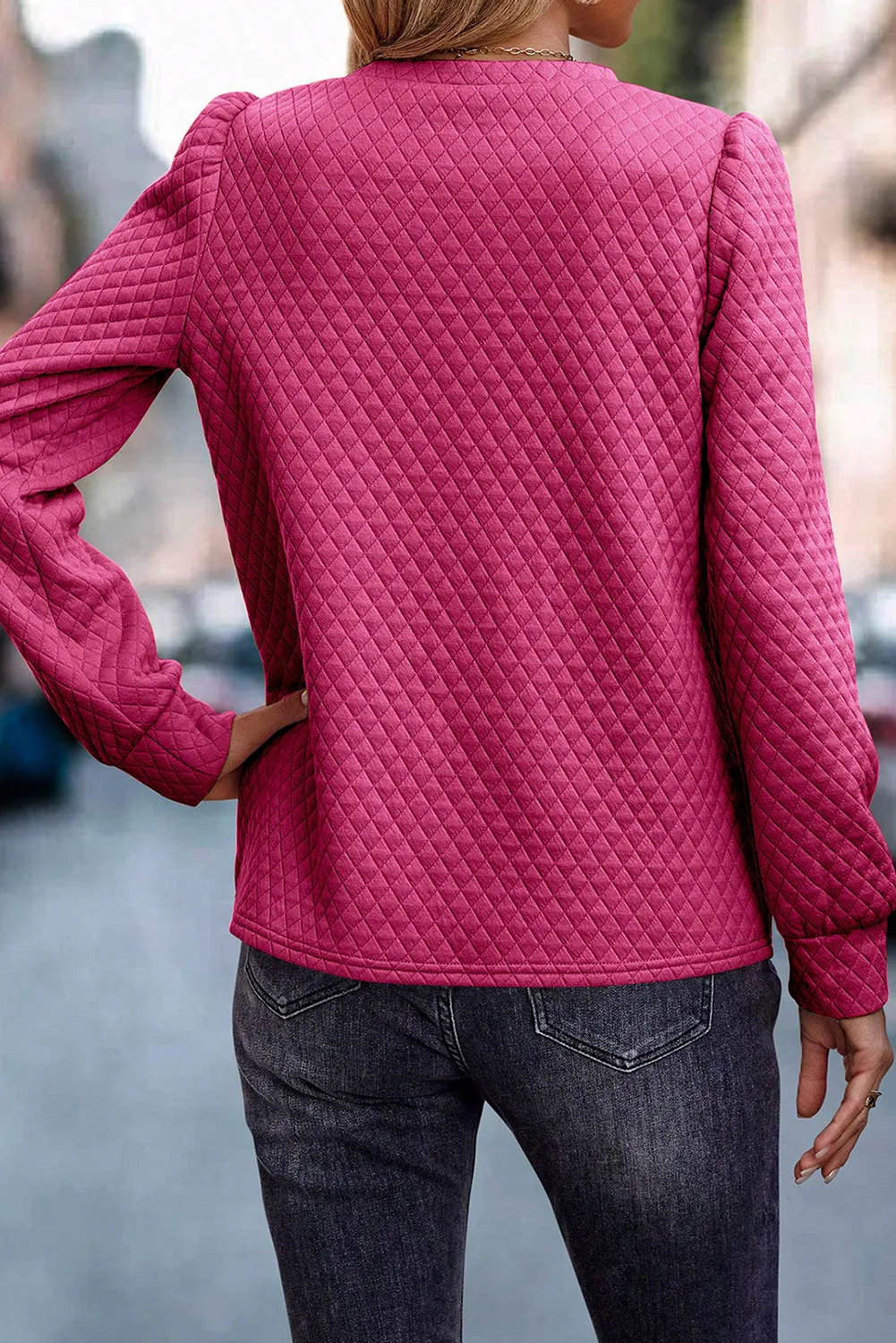 Rose Red Solid Color Quilted Puff Sleeve Pullover Sweatshirt