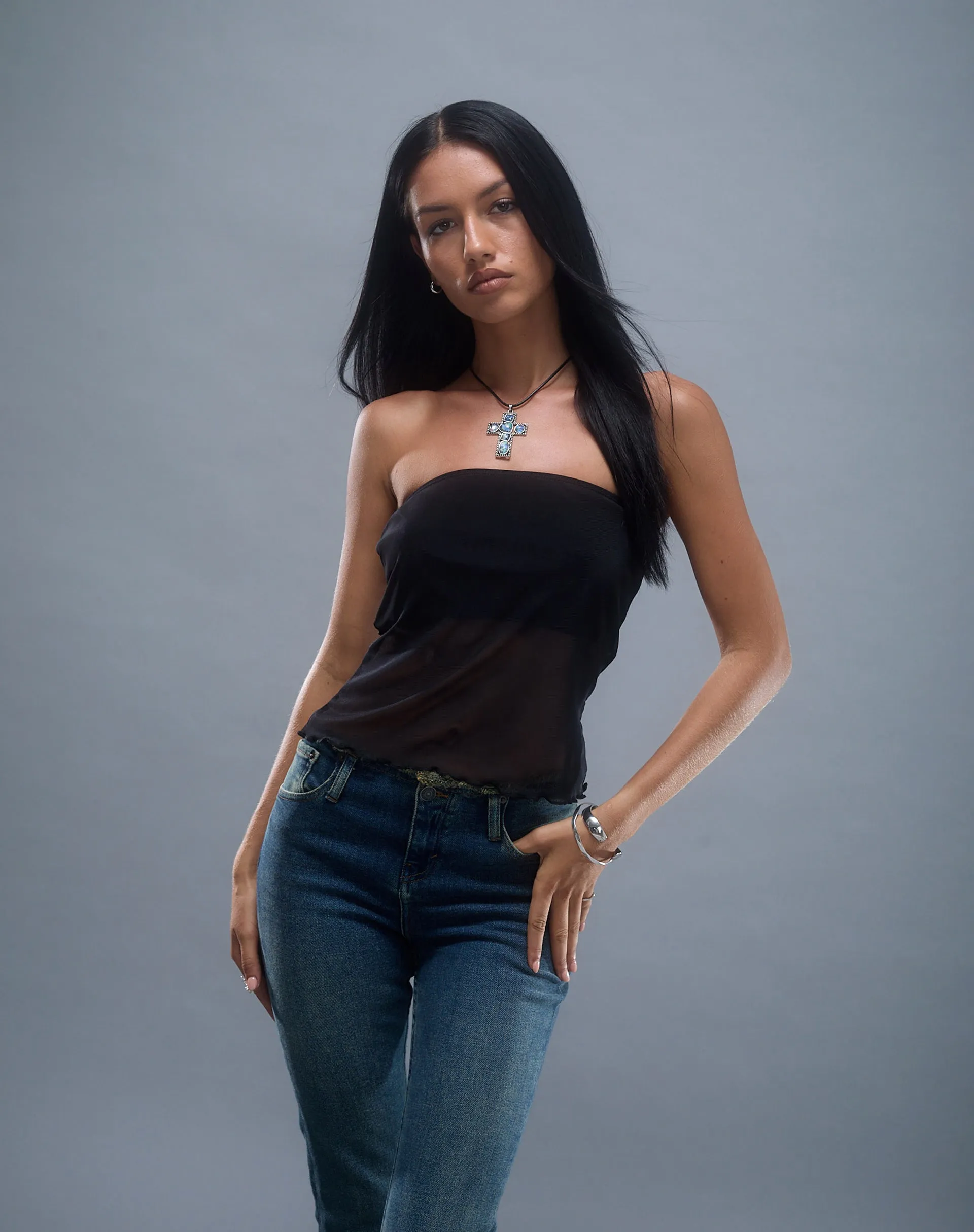 Saturi Mesh Longline Bandeau Top in Black