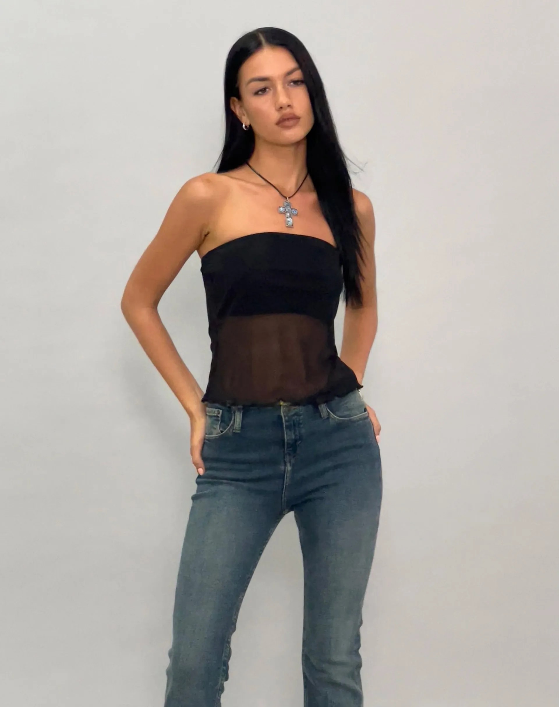 Saturi Mesh Longline Bandeau Top in Black