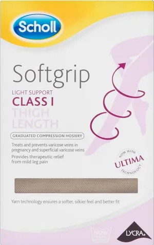 Scholl Softgrip Ultima Class 1 Thigh Length Closed Toe Stockings Natural Med