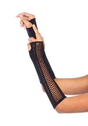 Seamless Opaque Faux Lace Up Fingerless Gloves