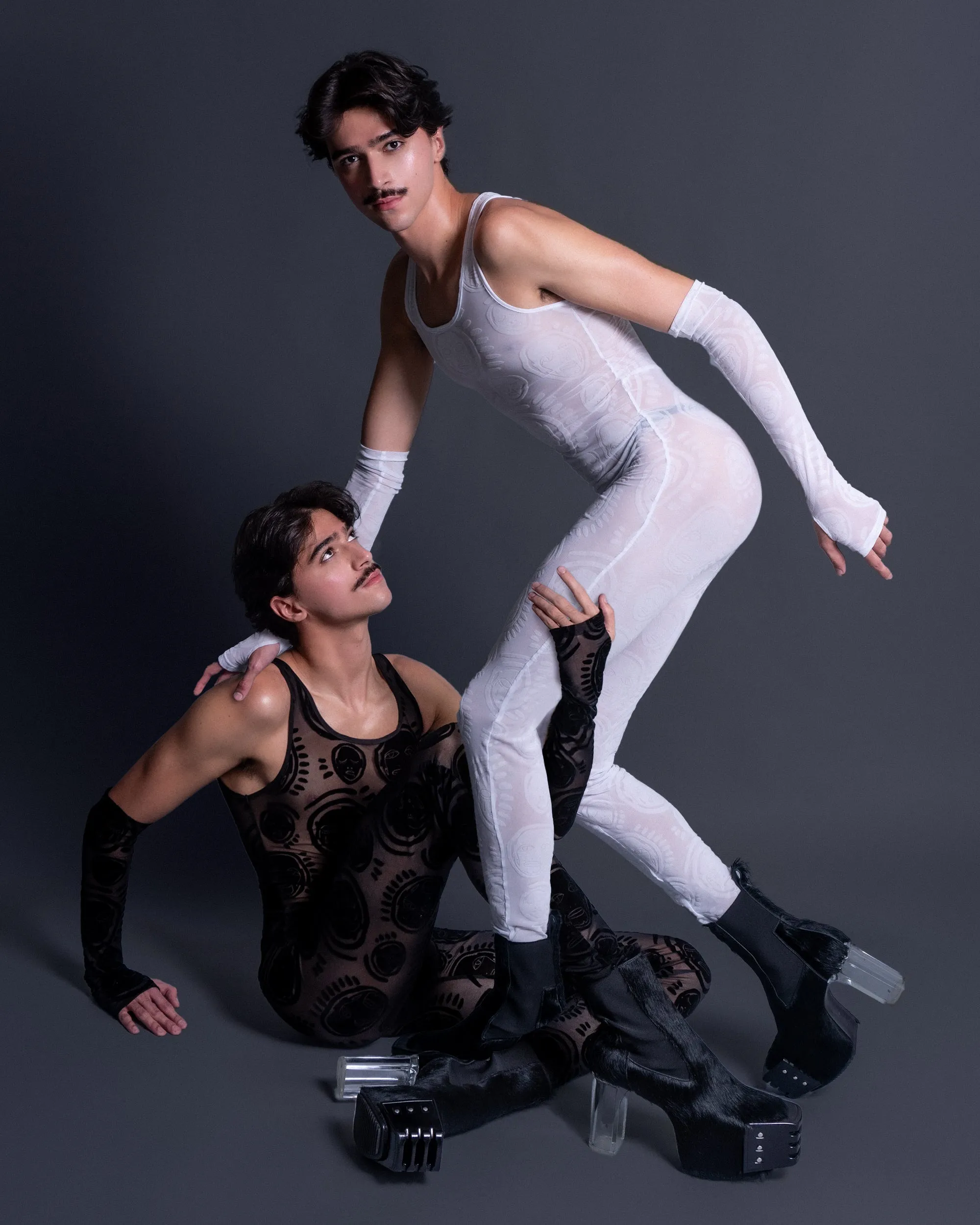 Siren Flocked Mesh Bodysuit and Fingerless Gloves