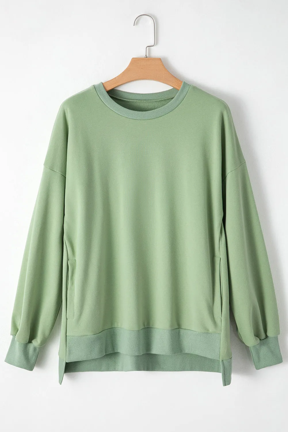 Smoke Green Solid O Neck High Low Hem Pullover Sweatshirt