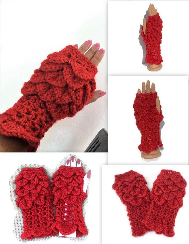 THE RED FINGERLESS GLOVES,  handmade crochet wear, crocodile stitch, winter wear, fingerless mittens
