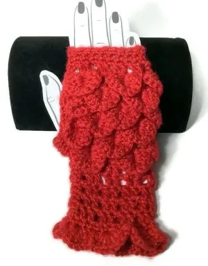 THE RED FINGERLESS GLOVES,  handmade crochet wear, crocodile stitch, winter wear, fingerless mittens