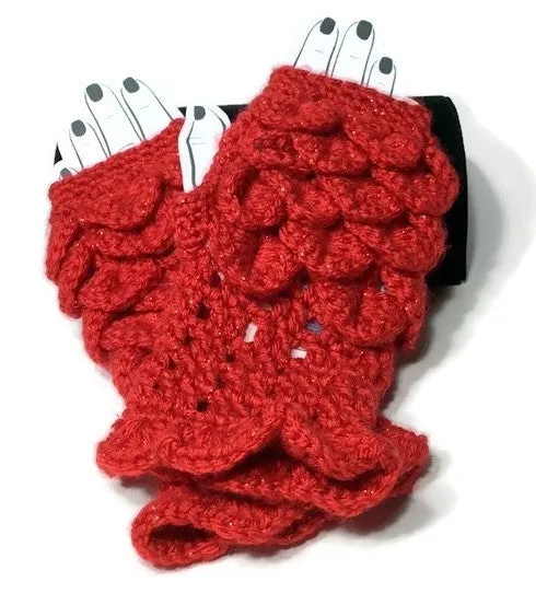 THE RED FINGERLESS GLOVES,  handmade crochet wear, crocodile stitch, winter wear, fingerless mittens