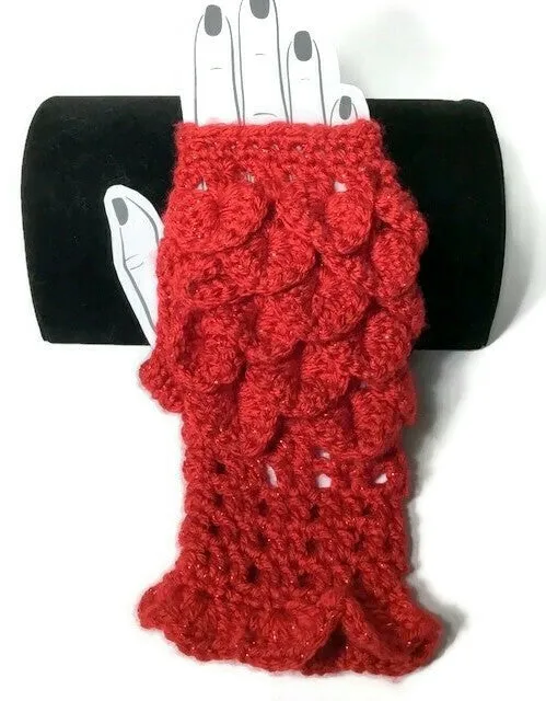 THE RED FINGERLESS GLOVES,  handmade crochet wear, crocodile stitch, winter wear, fingerless mittens