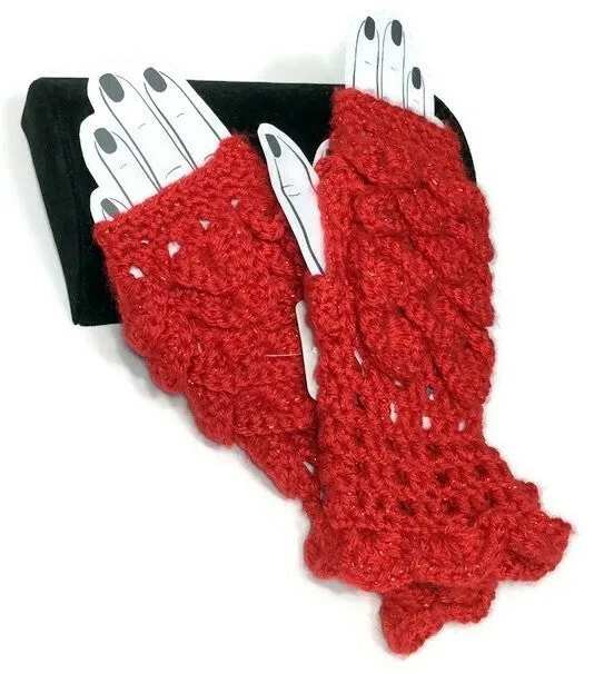 THE RED FINGERLESS GLOVES,  handmade crochet wear, crocodile stitch, winter wear, fingerless mittens