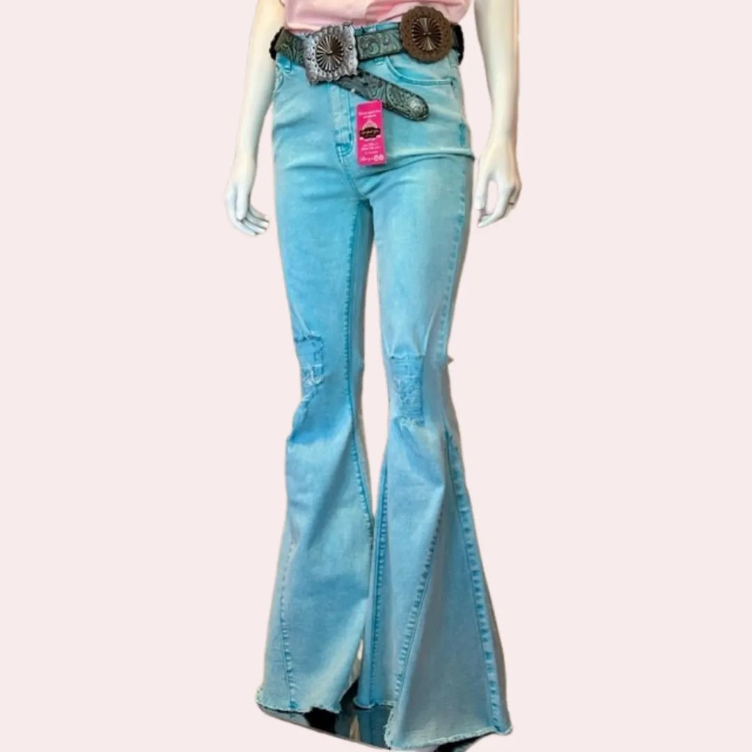 Turquoise mineral wash high rise flare jeans