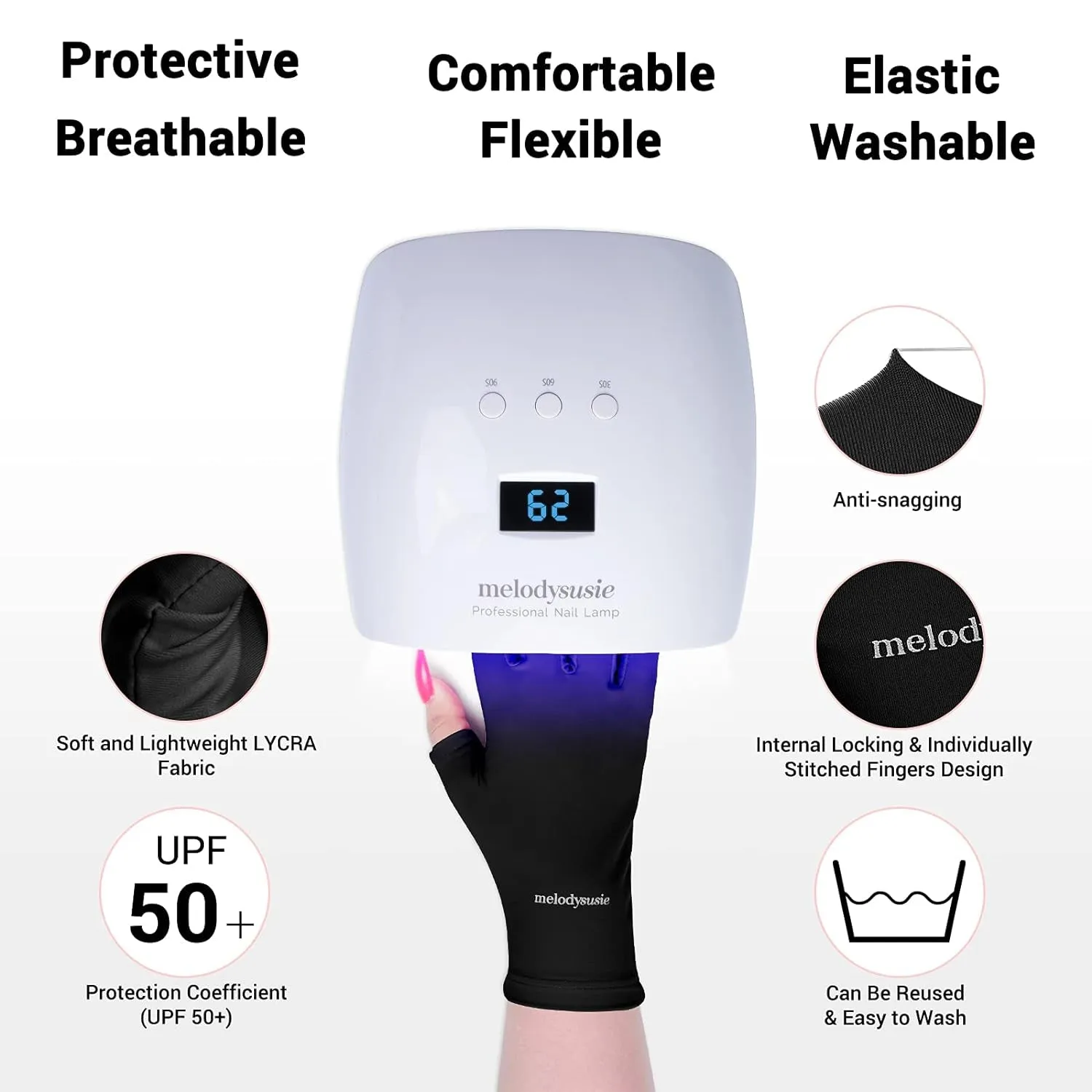 UV Gloves for Gel Nail Lamp, Professional UPF50  UV Protection Gloves for Manicures, Art Skin Care Fingerless Glove for Women Men Protect Hands from Sun and Nail Dryer Harm (Black)