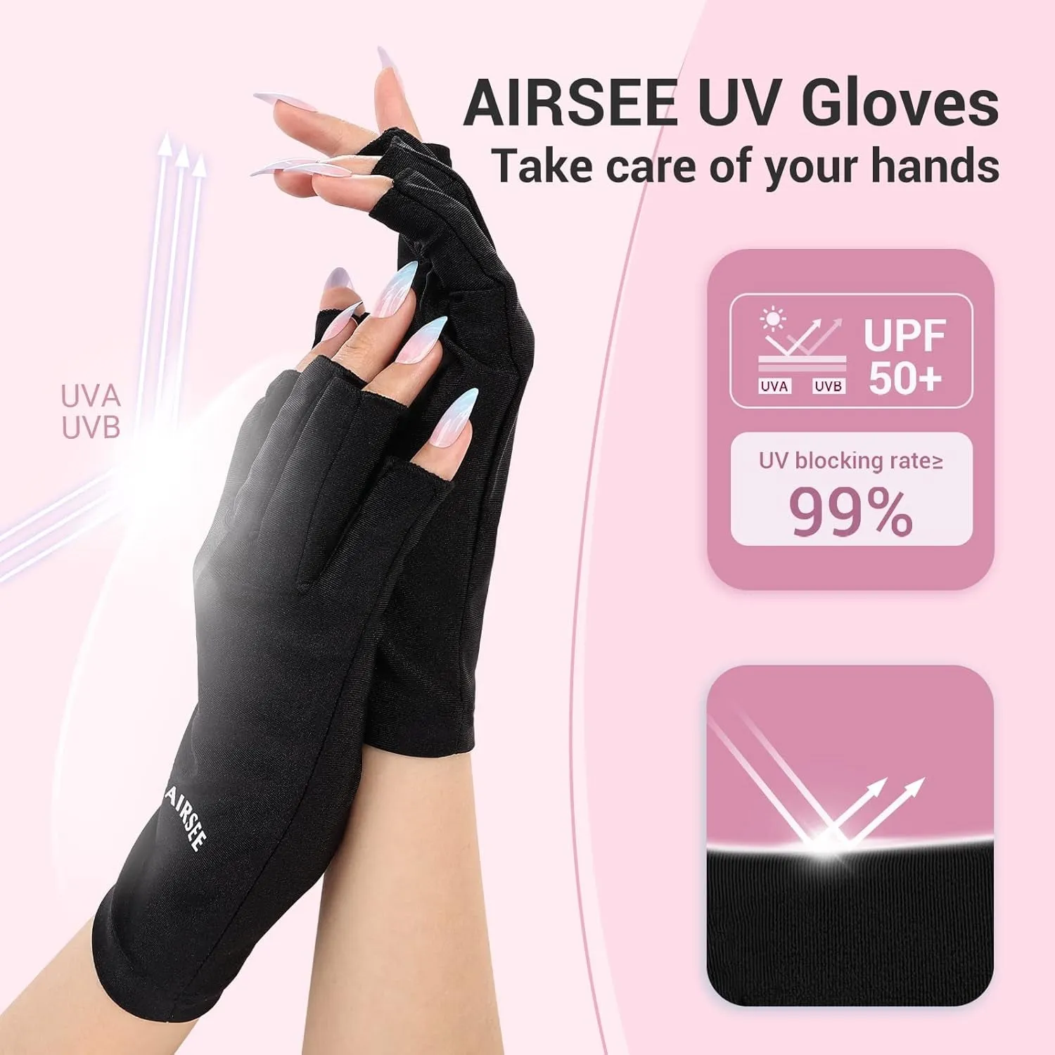 UV Gloves for Nail Lamp,Professional UPF50  UV Protection Gloves for Manicures Nail Art,Fingerless Gloves That Shield Skin from the Sun and Nail Lamp (Black)