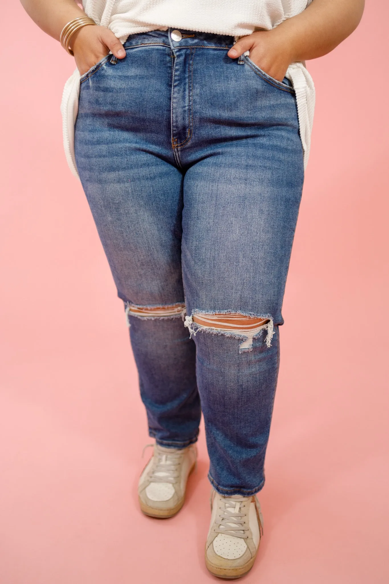 Vervet Dark Devon Distressed Knee Jeans, REG   CURVY