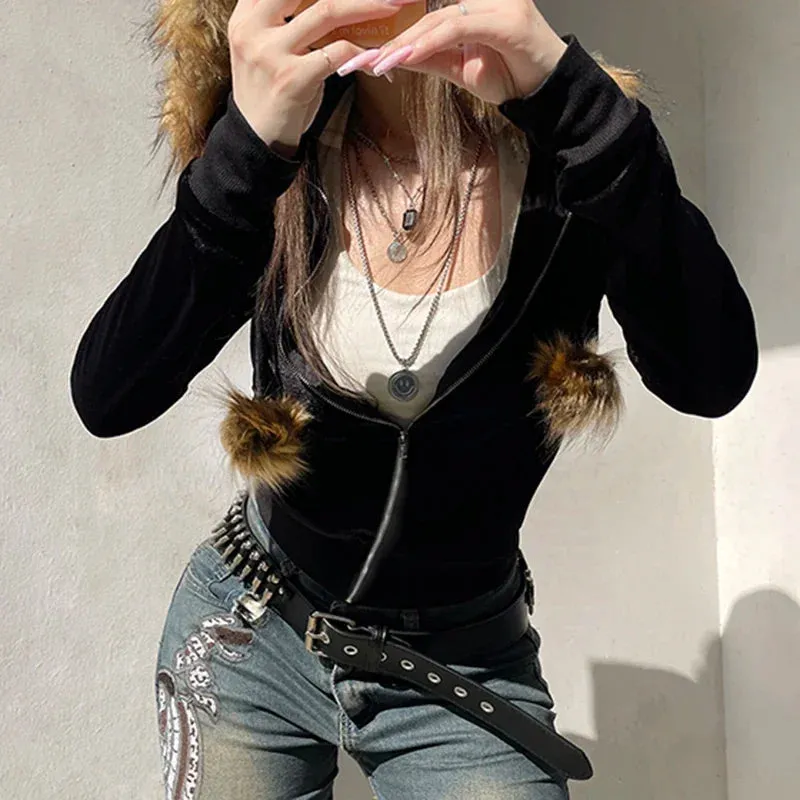 Vintage Faux Feather Hooded Cardigan – Cute and Cozy Autumn Streetwear