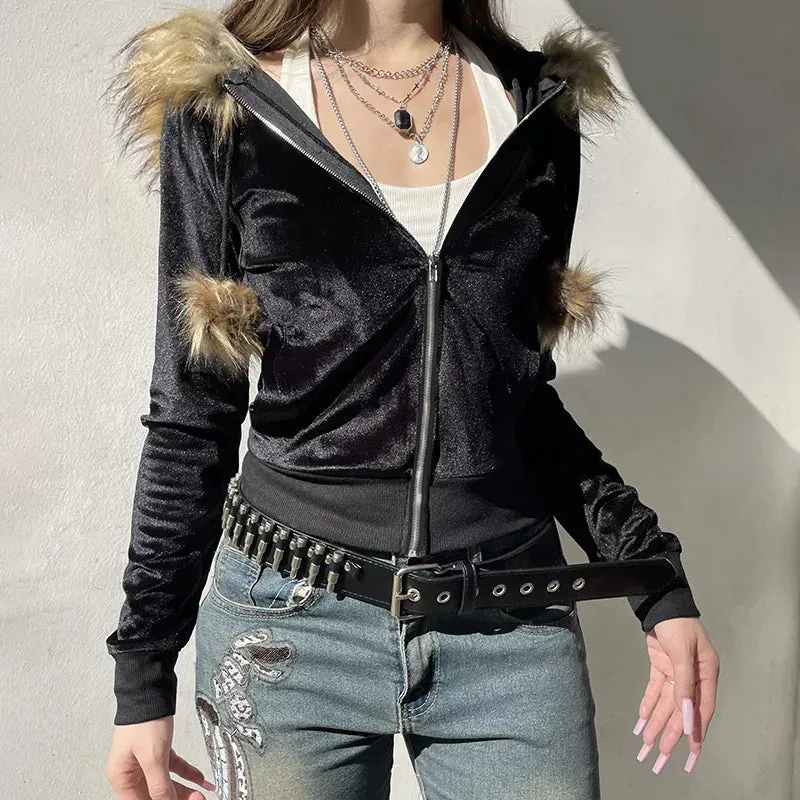 Vintage Faux Feather Hooded Cardigan – Cute and Cozy Autumn Streetwear