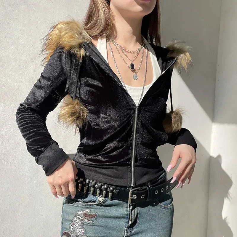 Vintage Faux Feather Hooded Cardigan – Cute and Cozy Autumn Streetwear
