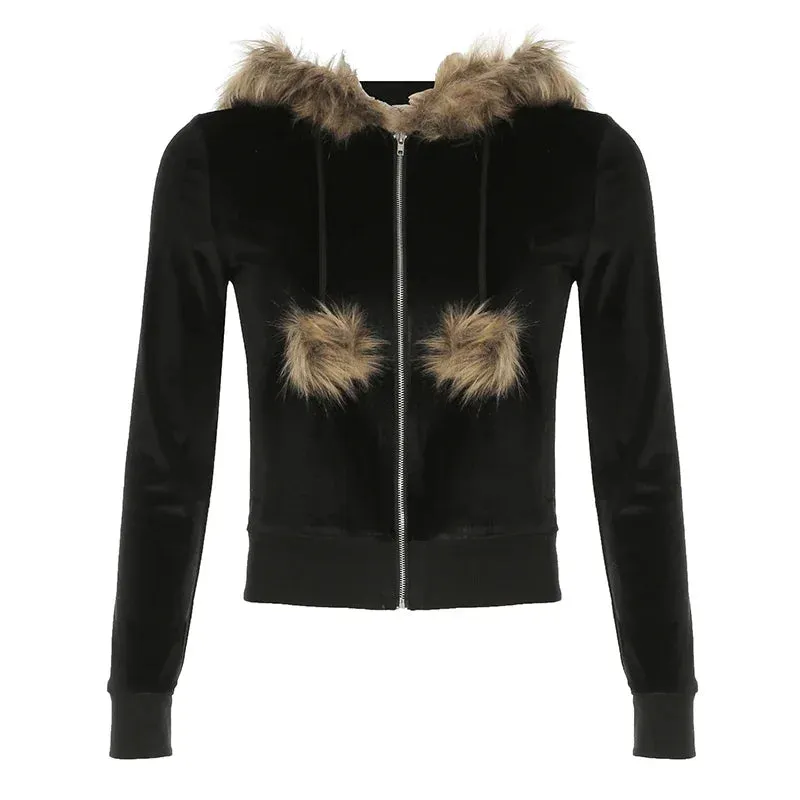 Vintage Faux Feather Hooded Cardigan – Cute and Cozy Autumn Streetwear