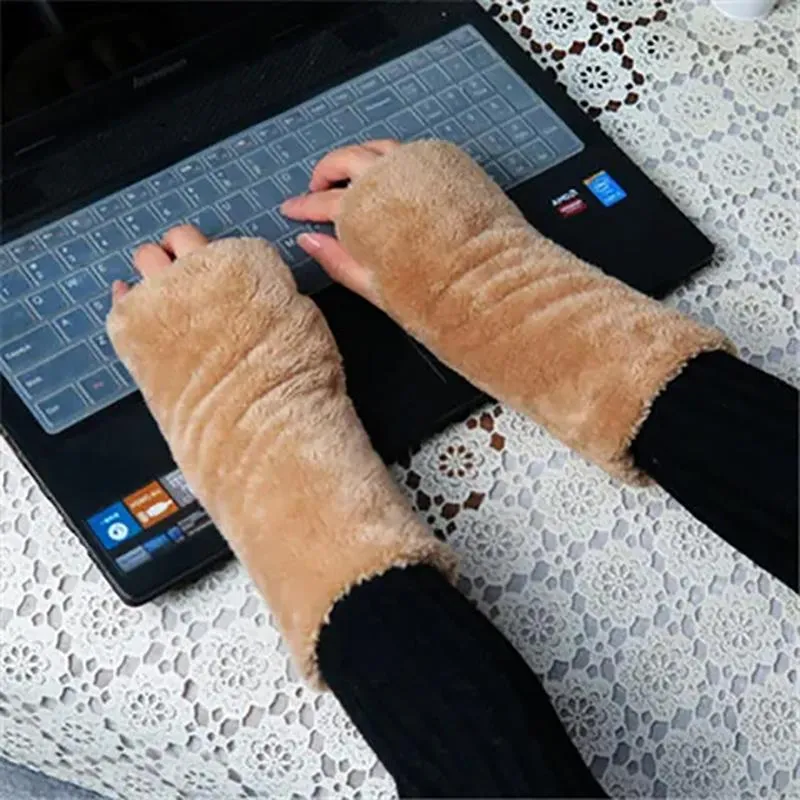 Winter Gloves Women Thick Plush Warm Gloves Long Arm Cover Fingerless Gloves