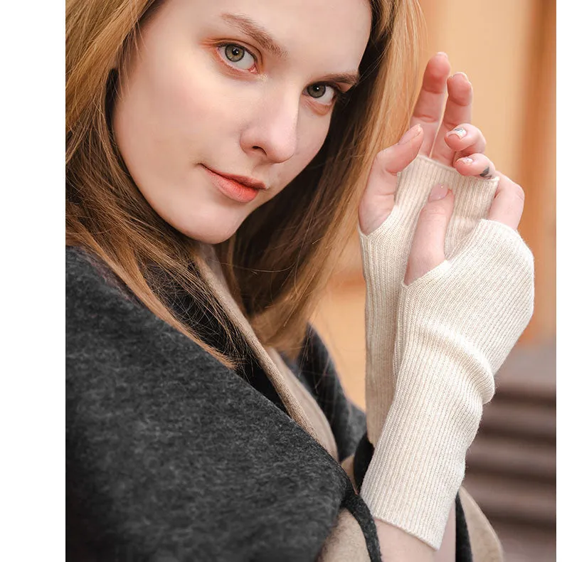 Women 100% Cashmere Gloves Long Fingerless Gloves Winter Warmer Mittens for Ladies