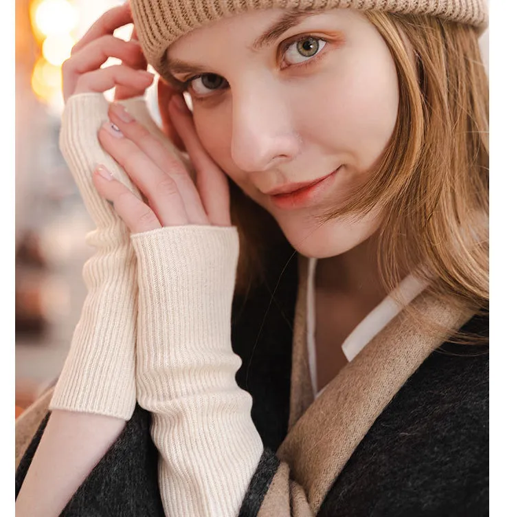 Women 100% Cashmere Gloves Long Fingerless Gloves Winter Warmer Mittens for Ladies