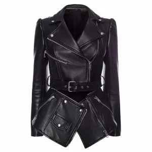 Women Black Lace Up Leather Jacket Moto Biker Blazer With Zipper
