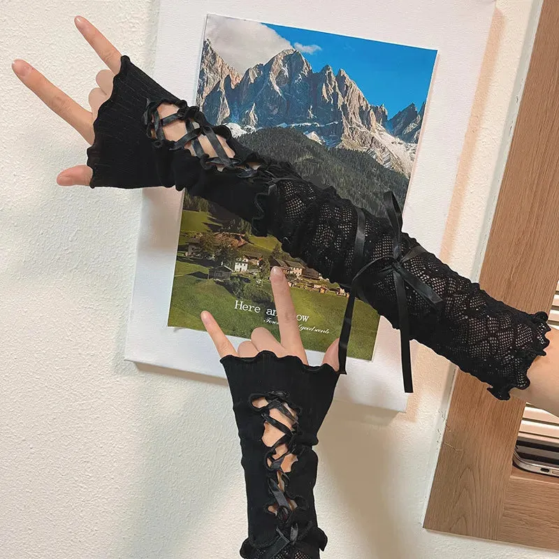 Women Lolita JK Lace Fingerless Gloves - Gothic Strapping Mesh Sunscreen Sleeves