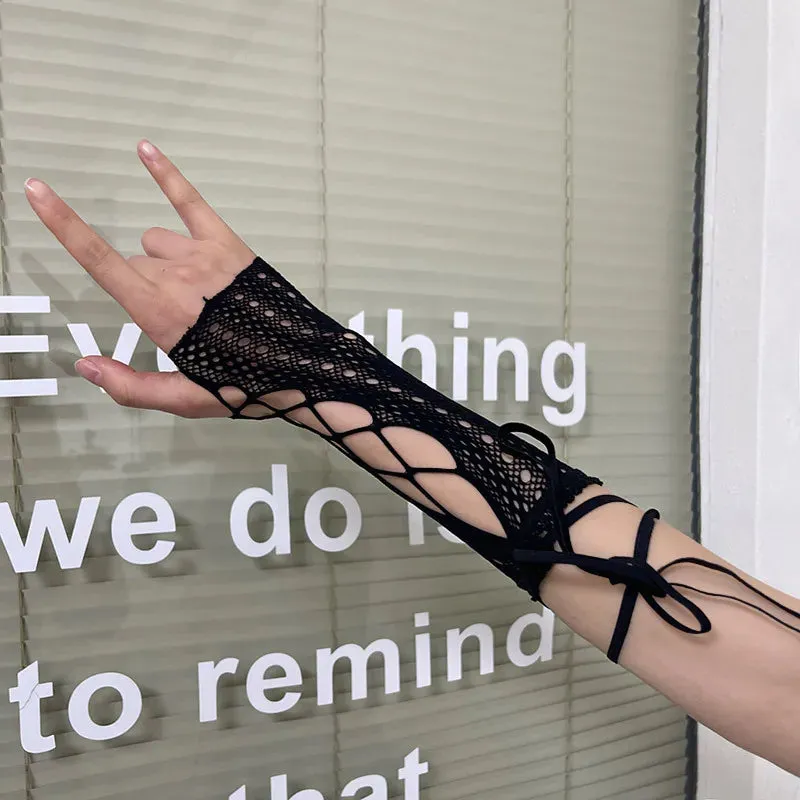 Women Lolita JK Lace Fingerless Gloves - Gothic Strapping Mesh Sunscreen Sleeves