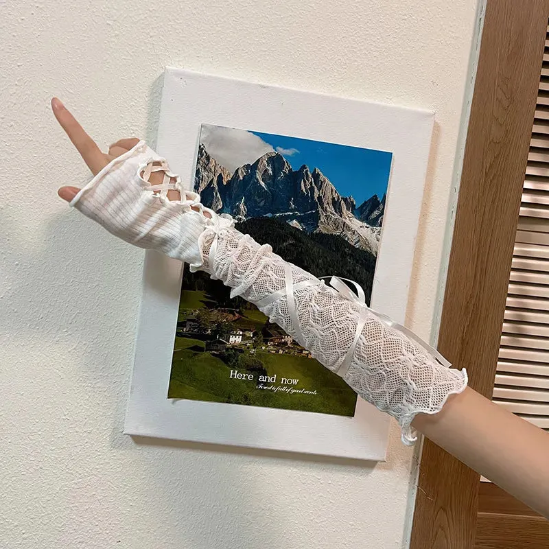 Women Lolita JK Lace Fingerless Gloves - Gothic Strapping Mesh Sunscreen Sleeves