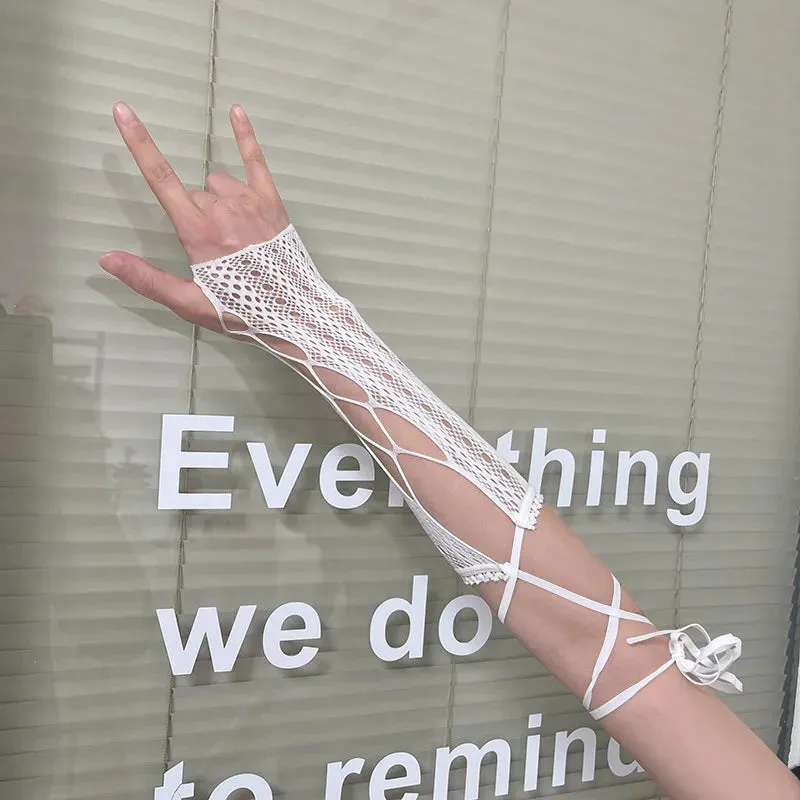 Women Lolita JK Lace Fingerless Gloves - Gothic Strapping Mesh Sunscreen Sleeves