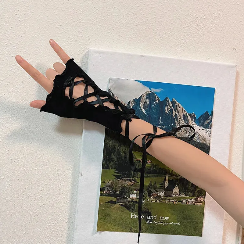 Women Lolita JK Lace Fingerless Gloves - Gothic Strapping Mesh Sunscreen Sleeves