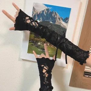 Women Lolita JK Lace Fingerless Gloves - Gothic Strapping Mesh Sunscreen Sleeves