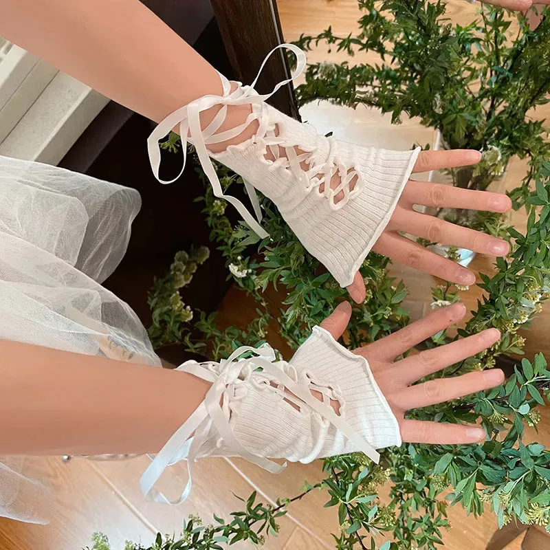 Women Lolita JK Lace Fingerless Gloves - Gothic Strapping Mesh Sunscreen Sleeves