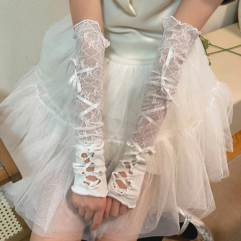 Women Lolita JK Lace Fingerless Gloves - Gothic Strapping Mesh Sunscreen Sleeves