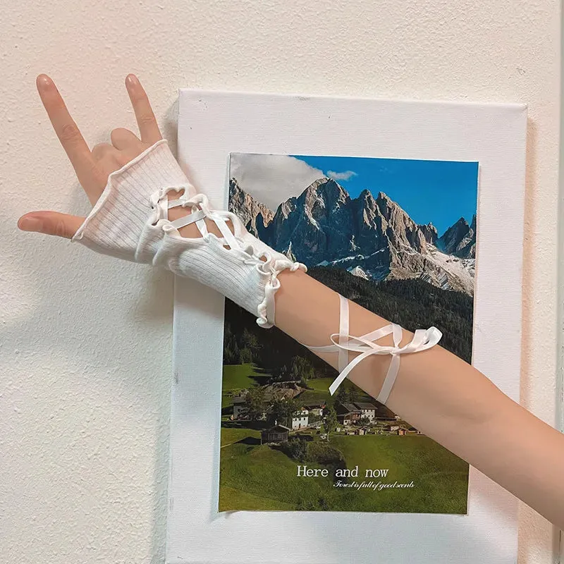 Women Lolita JK Lace Fingerless Gloves - Gothic Strapping Mesh Sunscreen Sleeves