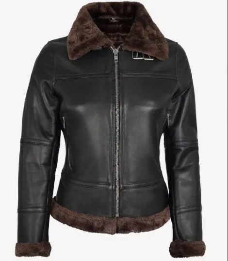 Women Real Leather Bomber Jacket with Faux Shearling, Female's Classic Belted Shearling Collar Leather Jacket