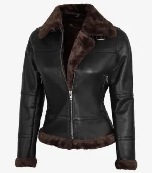 Women Real Leather Bomber Jacket with Faux Shearling, Female's Classic Belted Shearling Collar Leather Jacket