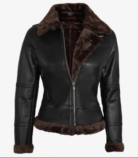 Women Real Leather Bomber Jacket with Faux Shearling, Female's Classic Belted Shearling Collar Leather Jacket