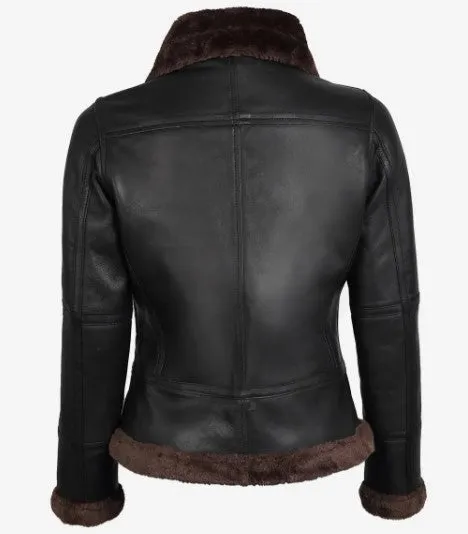 Women Real Leather Bomber Jacket with Faux Shearling, Female's Classic Belted Shearling Collar Leather Jacket