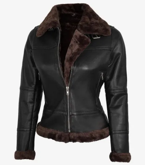 Women Real Leather Bomber Jacket with Faux Shearling, Female's Classic Belted Shearling Collar Leather Jacket