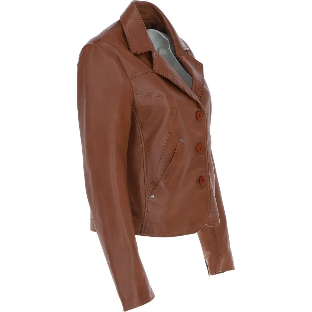 Women's Brown Leather Blazer Jacket