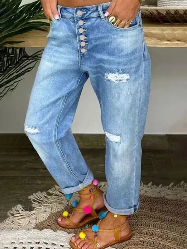 Women's button-down low-rise loose slimming straight jeans