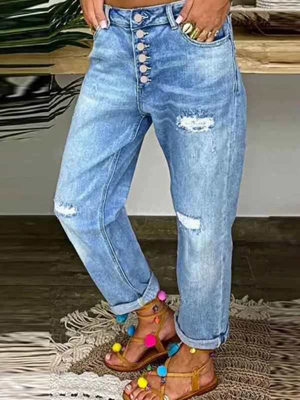 Women's button-down low-rise loose slimming straight jeans