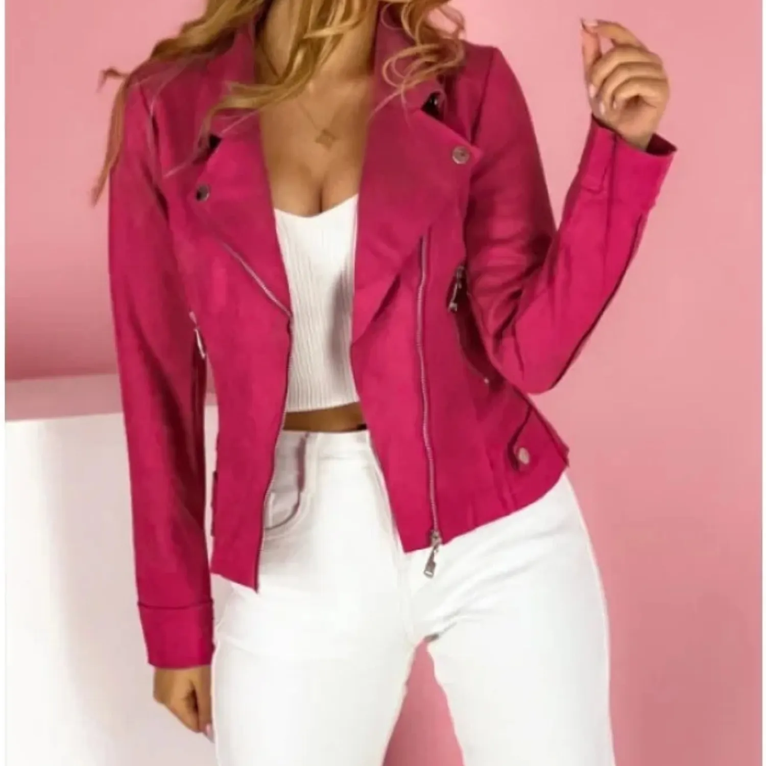 Women's Leather Jacket with Folded Collar