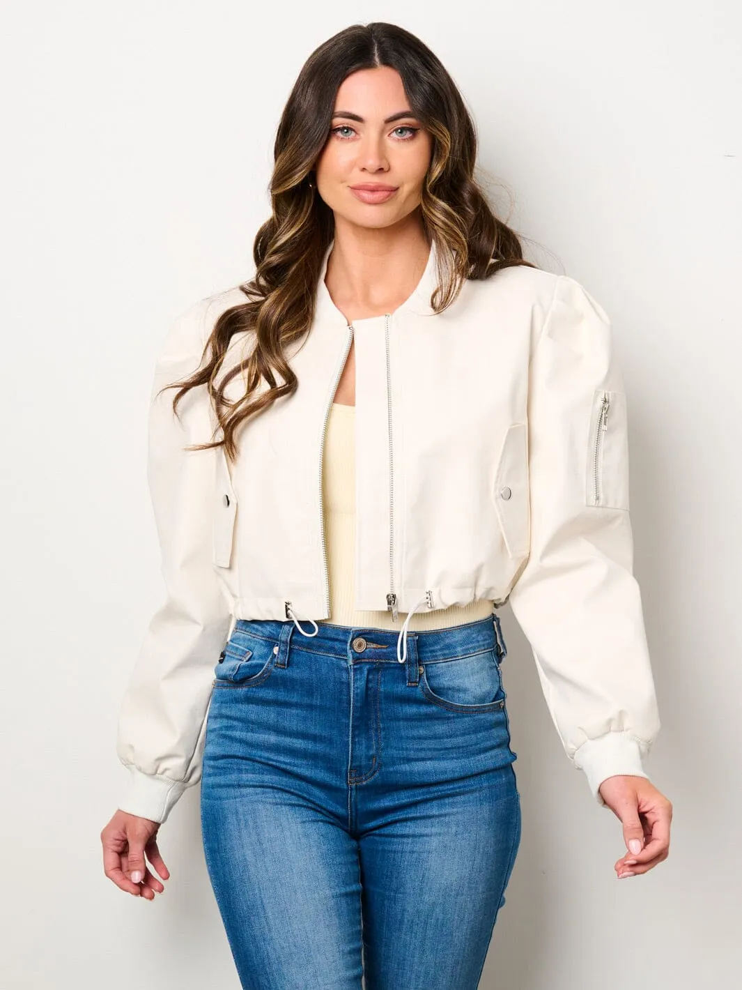 WOMEN'S LONG PUFF SLEEVE ZIP UP FRONT POCKETS PU PLEATHER JACKET