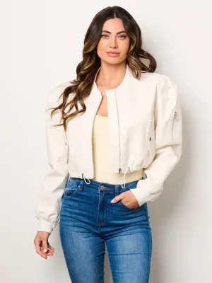 WOMEN'S LONG PUFF SLEEVE ZIP UP FRONT POCKETS PU PLEATHER JACKET